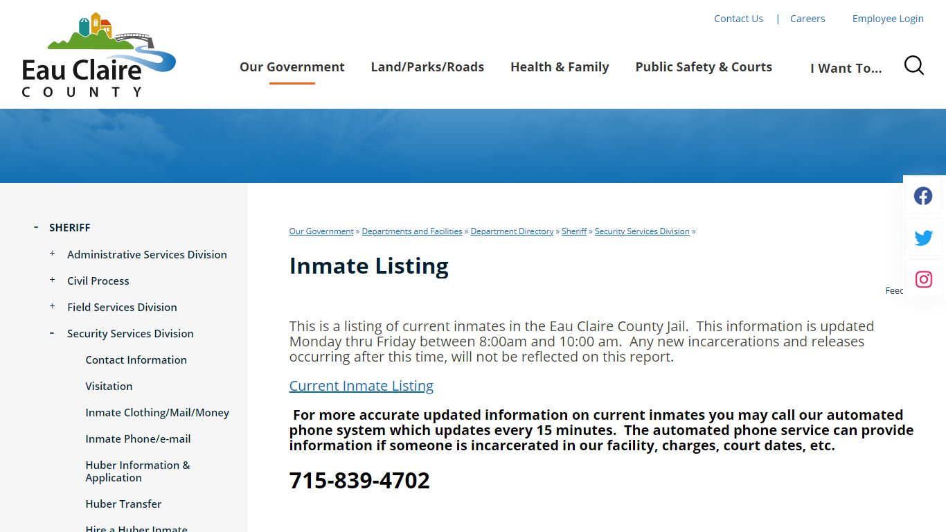 Inmate Listing - Eau Claire County, Wisconsin