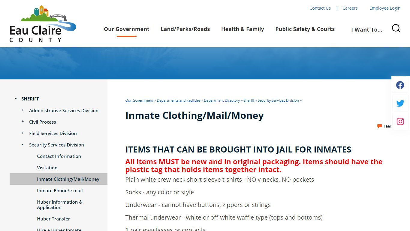 Inmate Clothing/Mail/Money - Eau Claire County, Wisconsin