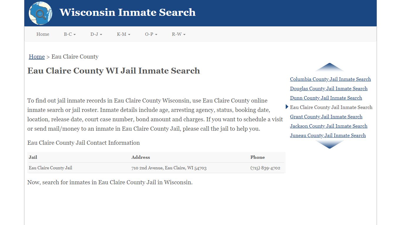 Eau Claire County WI Jail Inmate Search